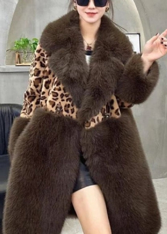 Løs Leopard Peter Pan Krave Knap Patchwork Fuzzy Fur Fluffy Coat Langærmet