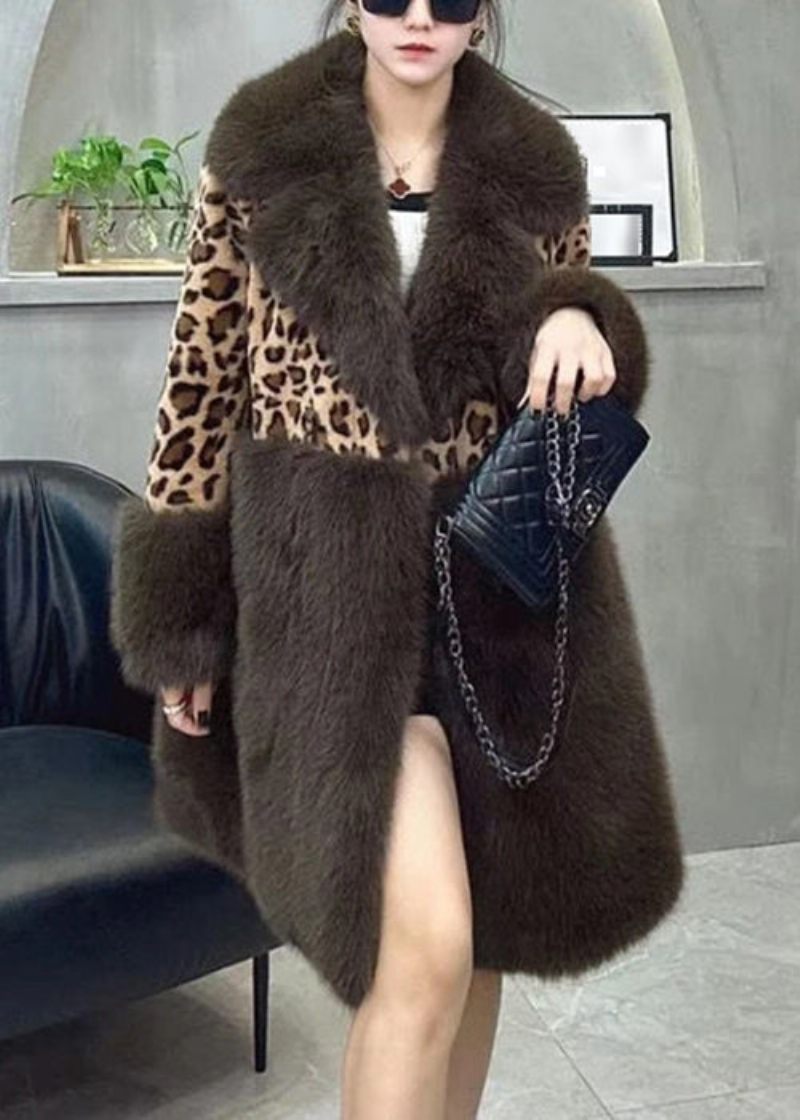 Løs Leopard Peter Pan Krave Knap Patchwork Fuzzy Fur Fluffy Coat Langærmet - Dame vinterfrakker