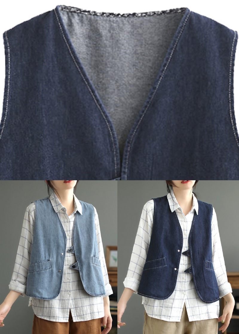 Løs Lyseblå V-hals Knap Denim Vest Efterår - Lyseblå