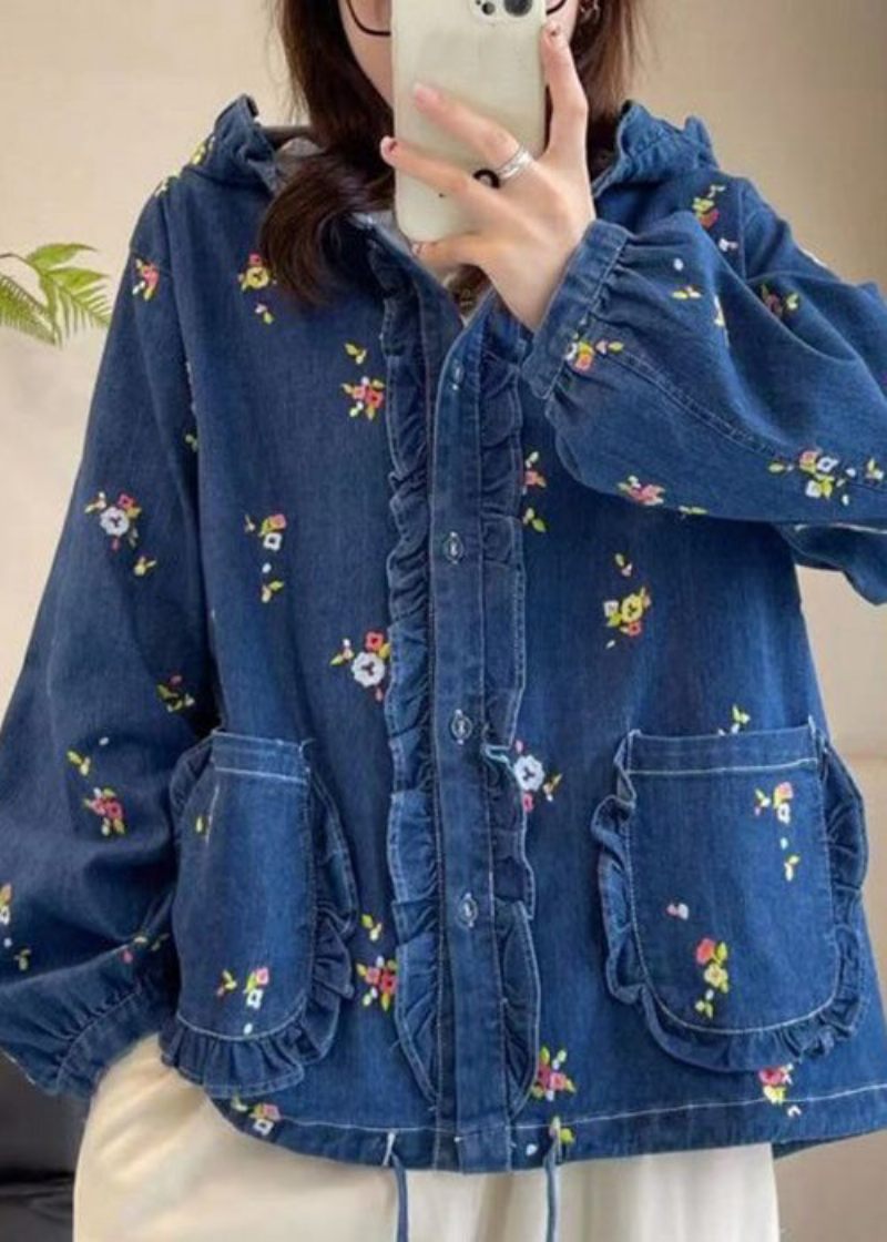 Løs Multi Hooded Flæser Print Lace Up Denim Coat Spring