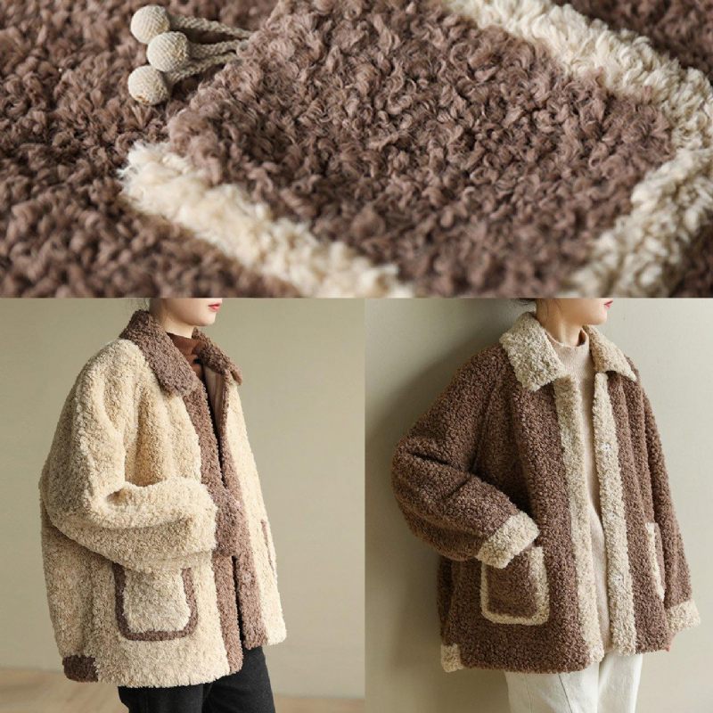 Løs Reverskrave Fine Patchwork Frakker Dame Chokolade Daglige Jakker - Beige