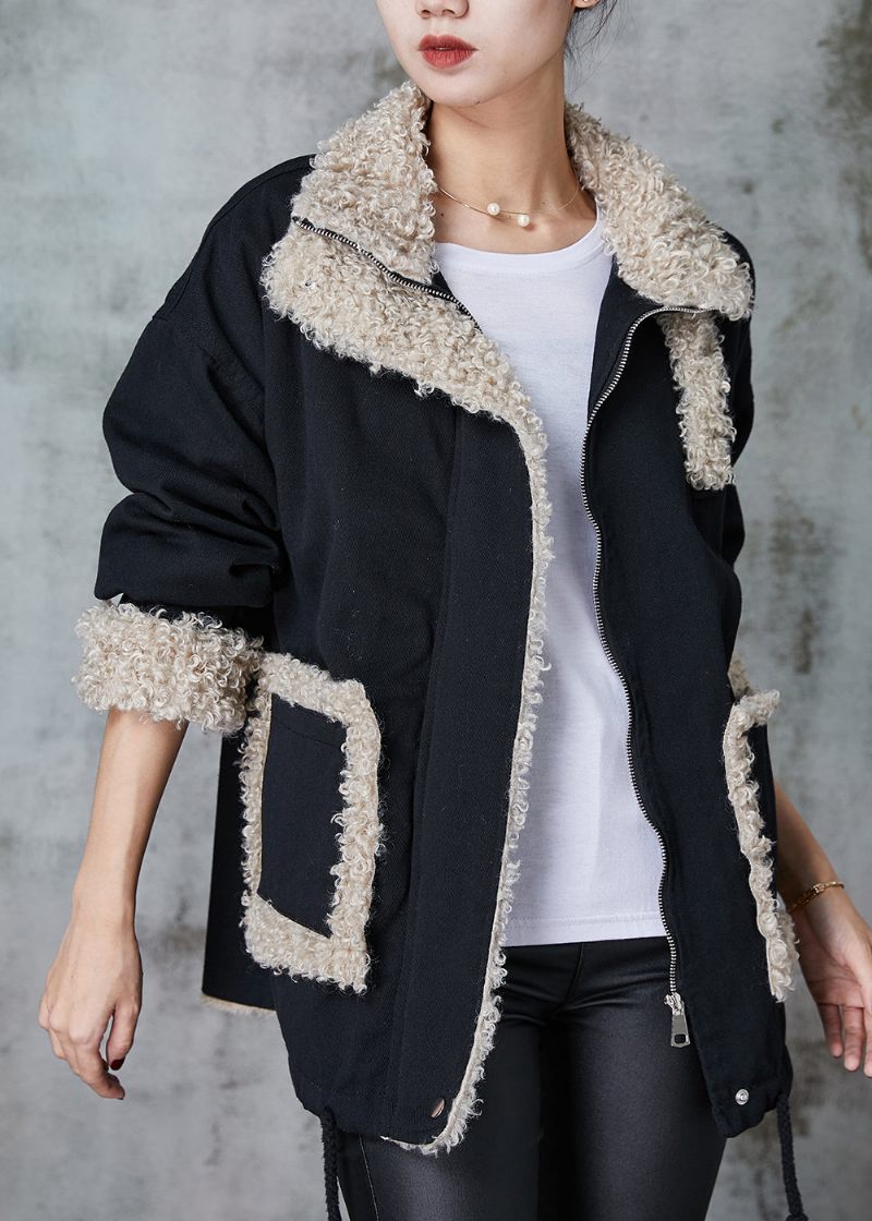 Løs Sort Oversized Patchwork Fleece Uld Foret Frakke Vinter