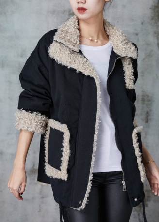 Løs Sort Oversized Patchwork Fleece Uld Foret Frakke Vinter