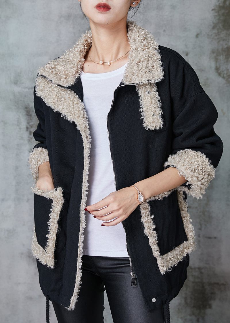 Løs Sort Oversized Patchwork Fleece Uld Foret Frakke Vinter - Dame vinterfrakker