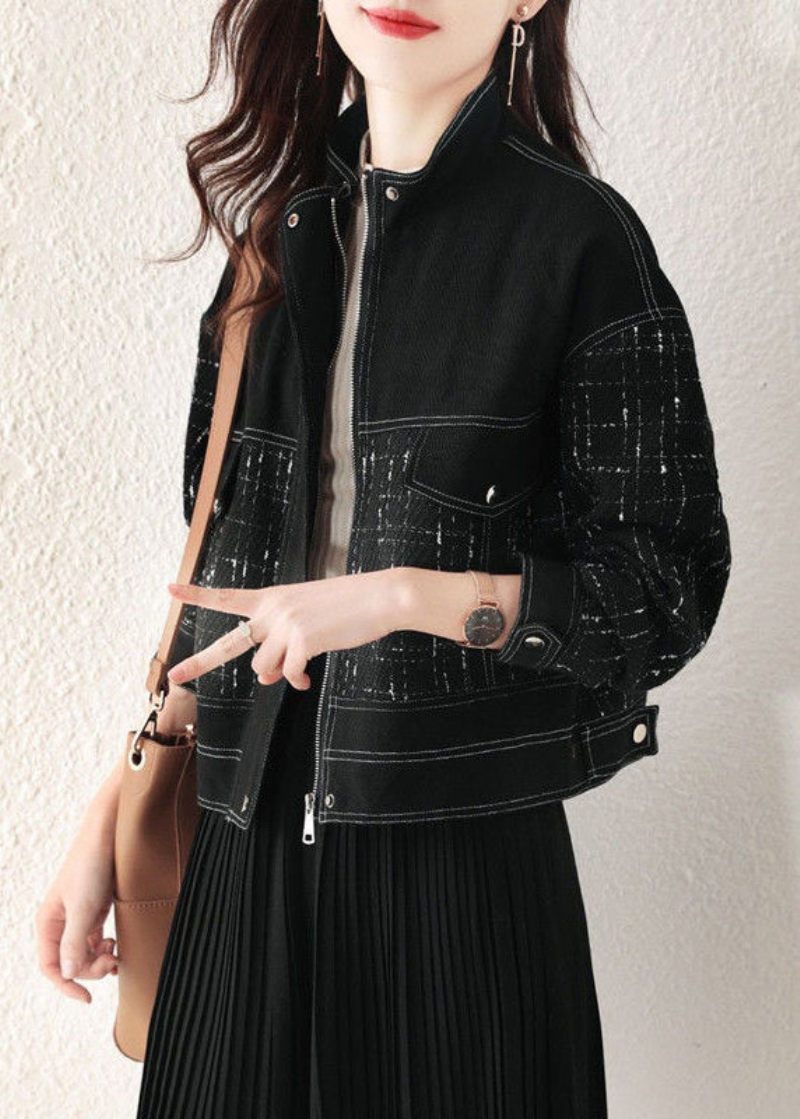 Løs Sort Plaid Zip Up Patchwork Denim Coat Fall