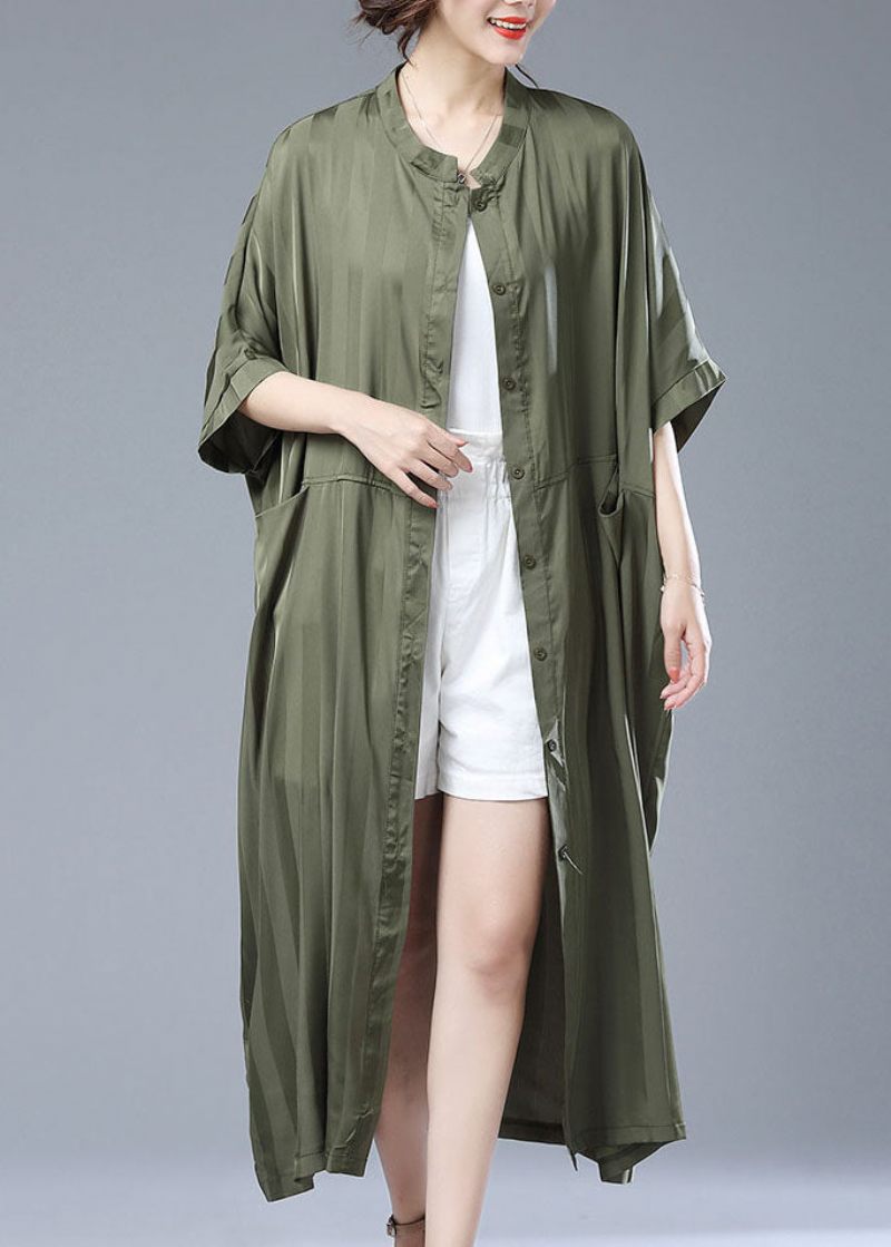 Løse Army Grønne Stribede Lommer Patchwork Lang Trench Coat Sommer - Dame vinterfrakker