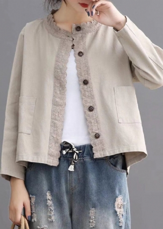 Løse Beige Retro Denimlommer Casual Frakker Efterår