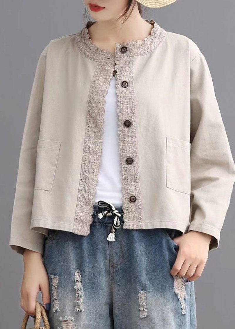 Løse Beige Retro Denimlommer Casual Frakker Efterår - Sort