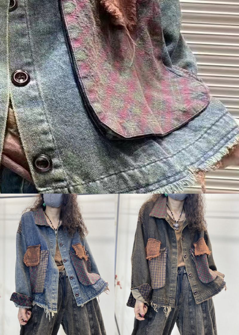 Løse Blå Knaplommer Patchwork Denimfrakker Efterår - Dame vinterfrakker