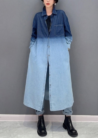 Løse Gradient Farve Knap Lommer Denim Lang Frakke Fall