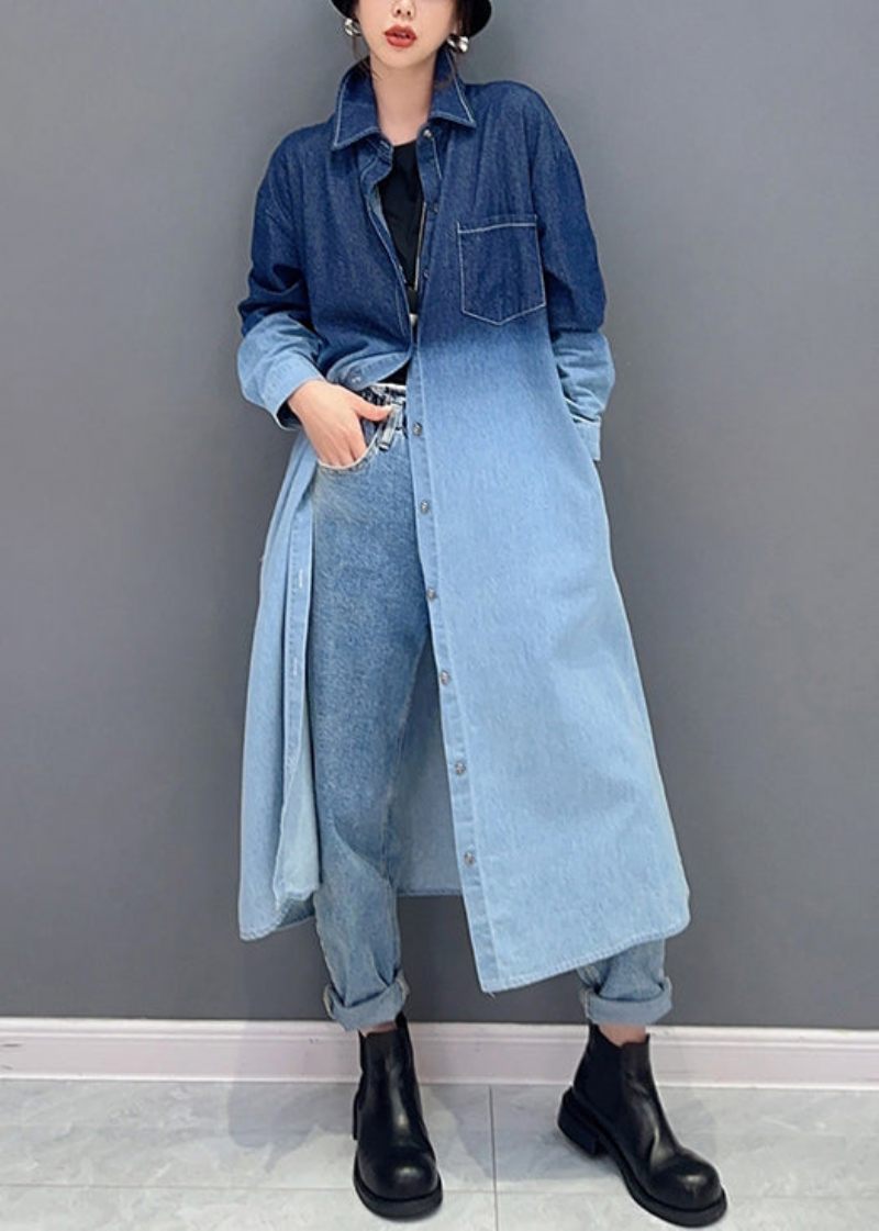 Løse Gradient Farve Knap Lommer Denim Lang Frakke Fall - Dame vinterfrakker