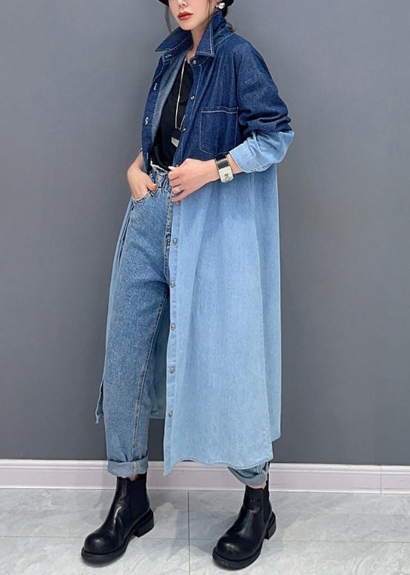 Løse Gradient Farve Knap Lommer Denim Lang Frakke Fall - Dame vinterfrakker