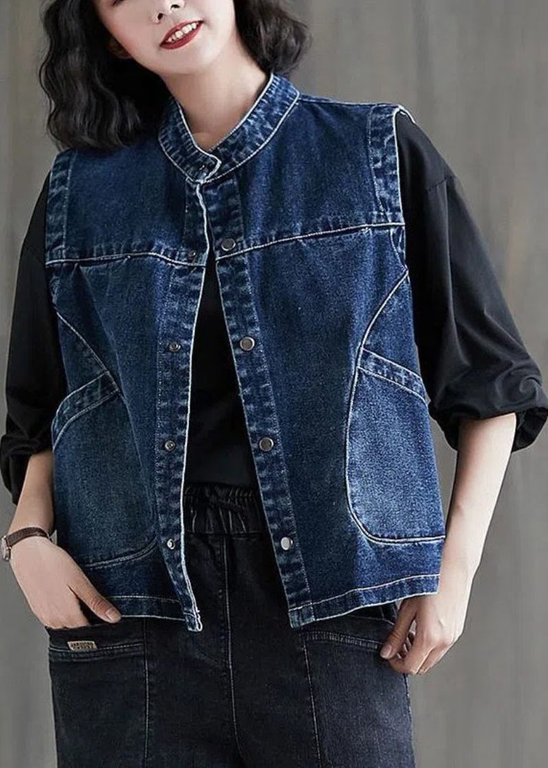 Løse Sort Grå Farve O-hals Patchwork Knaplommer Denim Vest Uden Ærmer - Sort Grå Farve