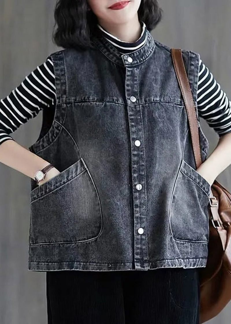 Løse Sort Grå Farve O-hals Patchwork Knaplommer Denim Vest Uden Ærmer - Sort Grå Farve