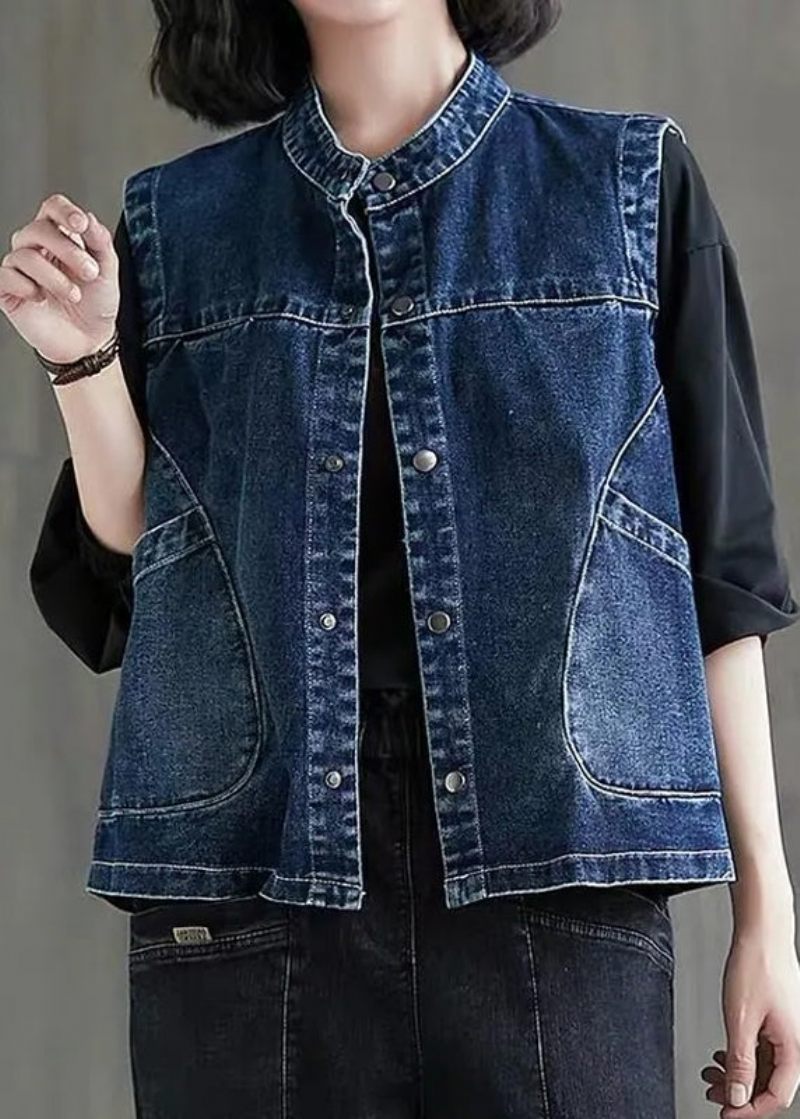 Løse Sort Grå Farve O-hals Patchwork Knaplommer Denim Vest Uden Ærmer - Sort Grå Farve