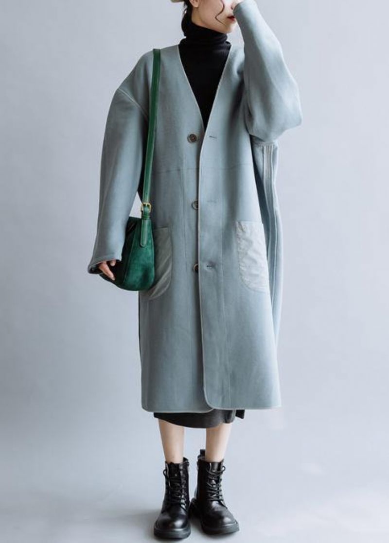 Luksus Oversize Frakker Vinter Damefrakker Blå V-hals Button Down Woolen Coat - Dame vinterfrakker