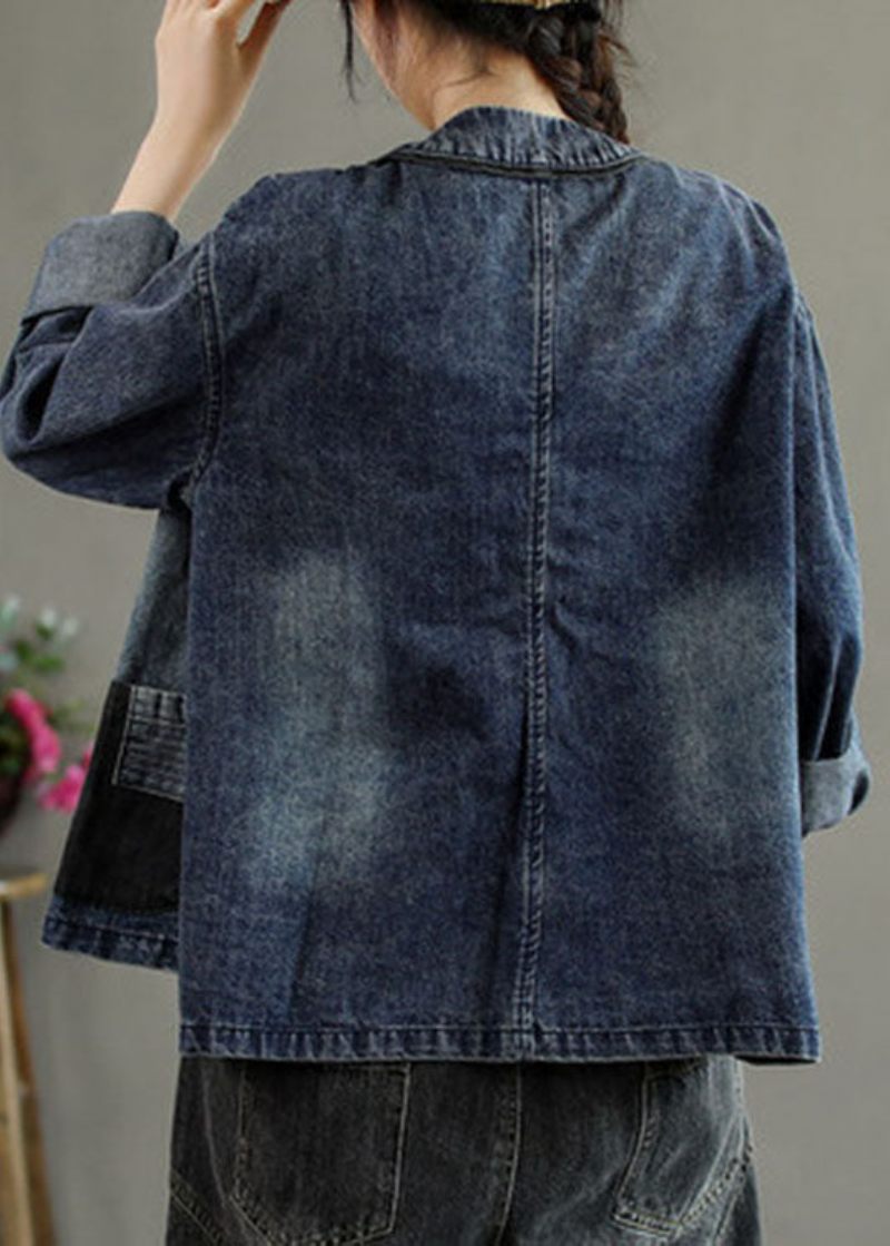 Luksus Sorte Broderede Lommer Knap Patchwork Efterår Denim Frakke - Sort