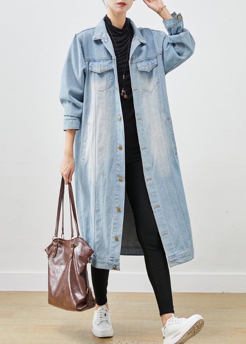 Lyseblå Denim Trench Oversized Button Down Fjeder