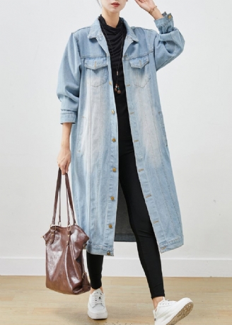 Lyseblå Denim Trench Oversized Button Down Fjeder