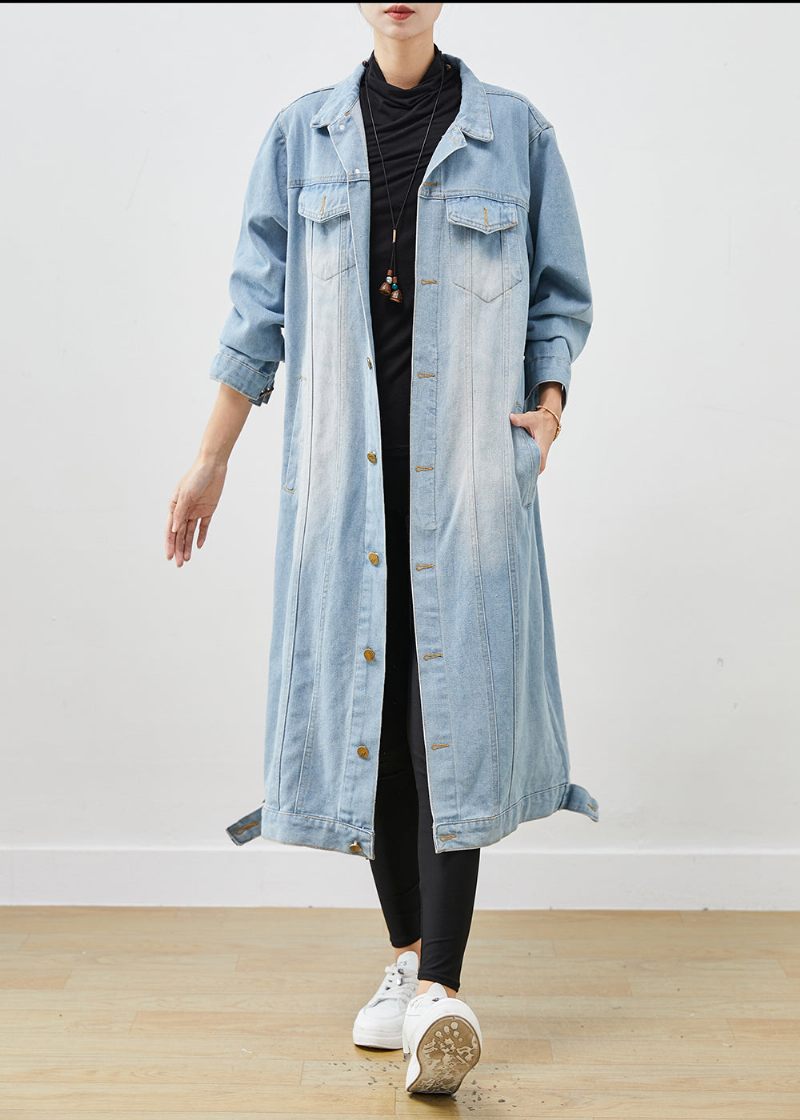 Lyseblå Denim Trench Oversized Button Down Fjeder - Dame vinterfrakker