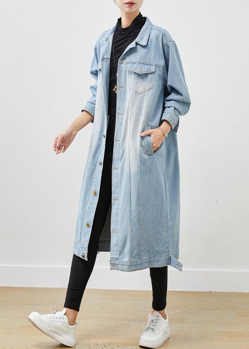 Lyseblå Denim Trench Oversized Button Down Fjeder - Dame vinterfrakker