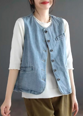 Lyseblå Patchwork Denimvest Efterår