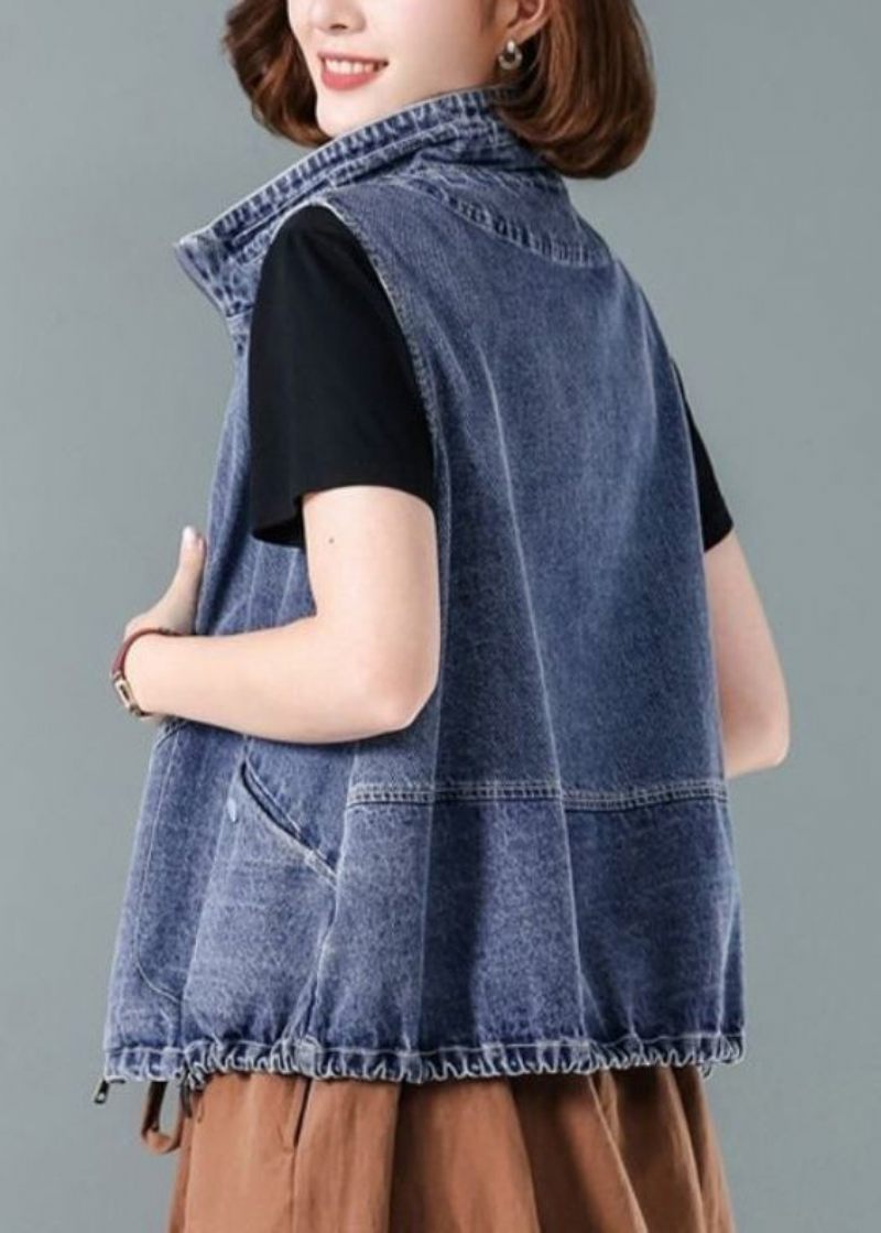 Mode Blå Stand Krave Lynlås Patchwork Denim Vest Efterår