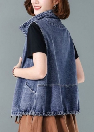 Mode Blå Stand Krave Lynlås Patchwork Denim Vest Efterår