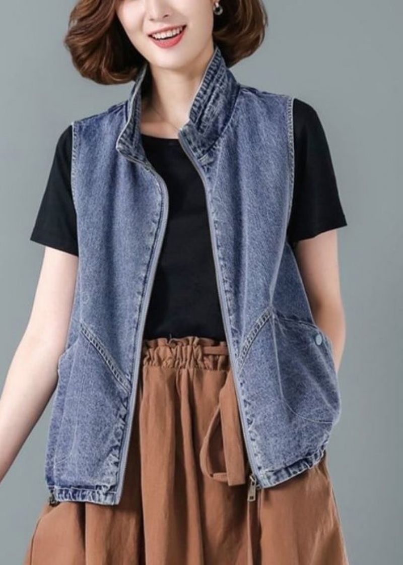 Mode Blå Stand Krave Lynlås Patchwork Denim Vest Efterår - Dame vinterfrakker