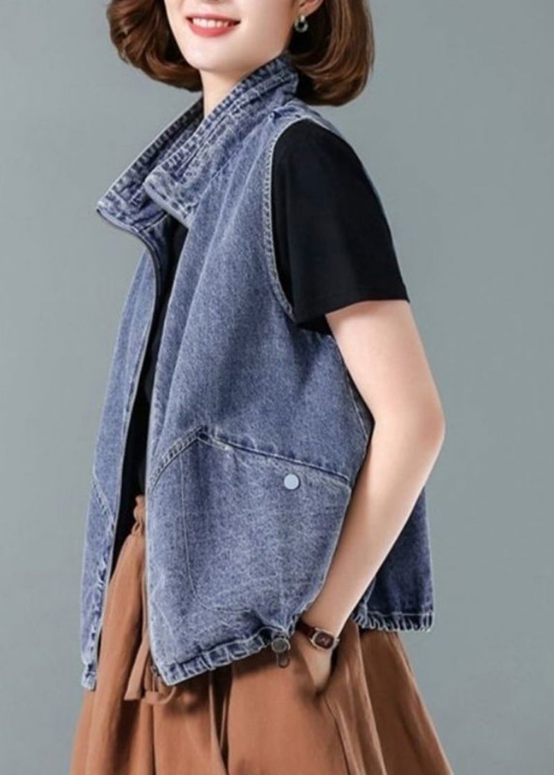 Mode Blå Stand Krave Lynlås Patchwork Denim Vest Efterår - Dame vinterfrakker