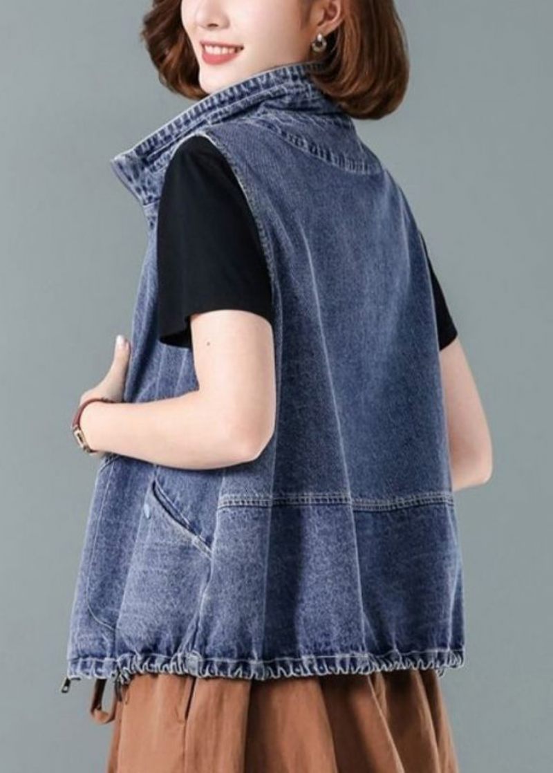 Mode Blå Stand Krave Lynlås Patchwork Denim Vest Efterår - Dame vinterfrakker