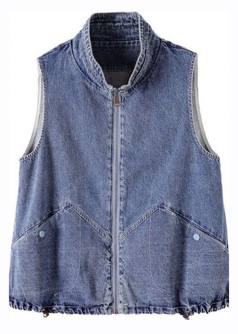 Mode Blå Stand Krave Lynlås Patchwork Denim Vest Efterår - Dame vinterfrakker