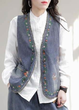 Mode Blå V-hals Broderet Patchwork Denim Vest Ærmeløs