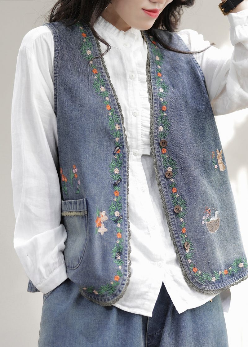 Mode Blå V-hals Broderet Patchwork Denim Vest Ærmeløs - Dame vinterfrakker