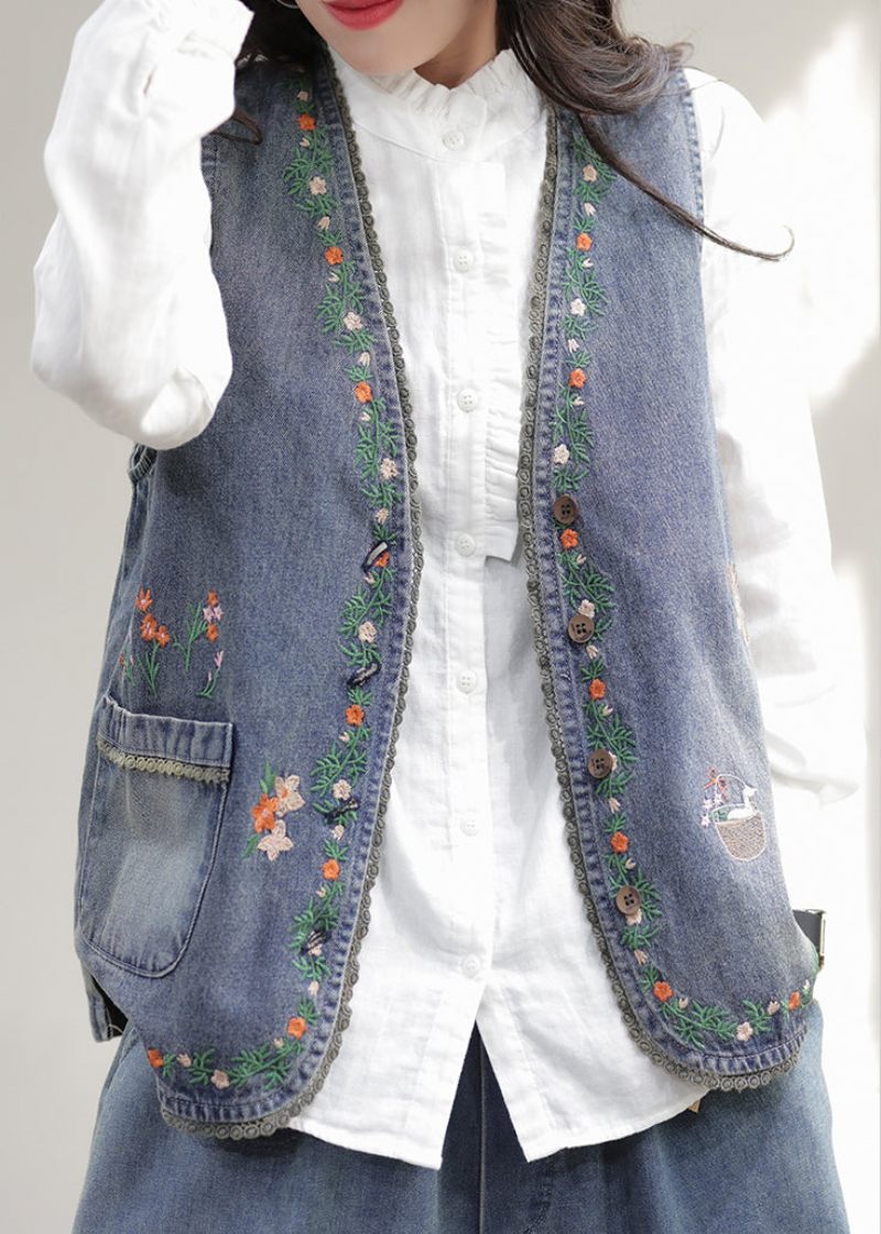 Mode Blå V-hals Broderet Patchwork Denim Vest Ærmeløs - Dame vinterfrakker