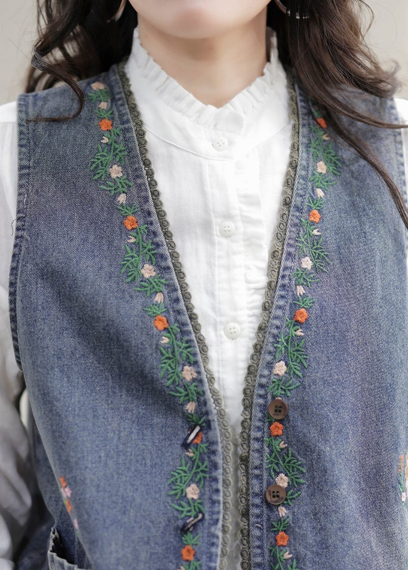 Mode Blå V-hals Broderet Patchwork Denim Vest Ærmeløs - Dame vinterfrakker