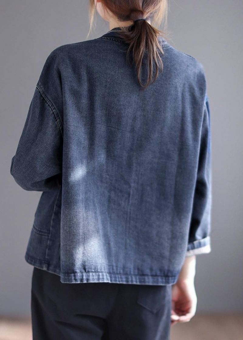 Mode Blå V-hals Broderet Patchwork Knaplommer Bomuld Denim Frakke Langærmet - Dame vinterfrakker