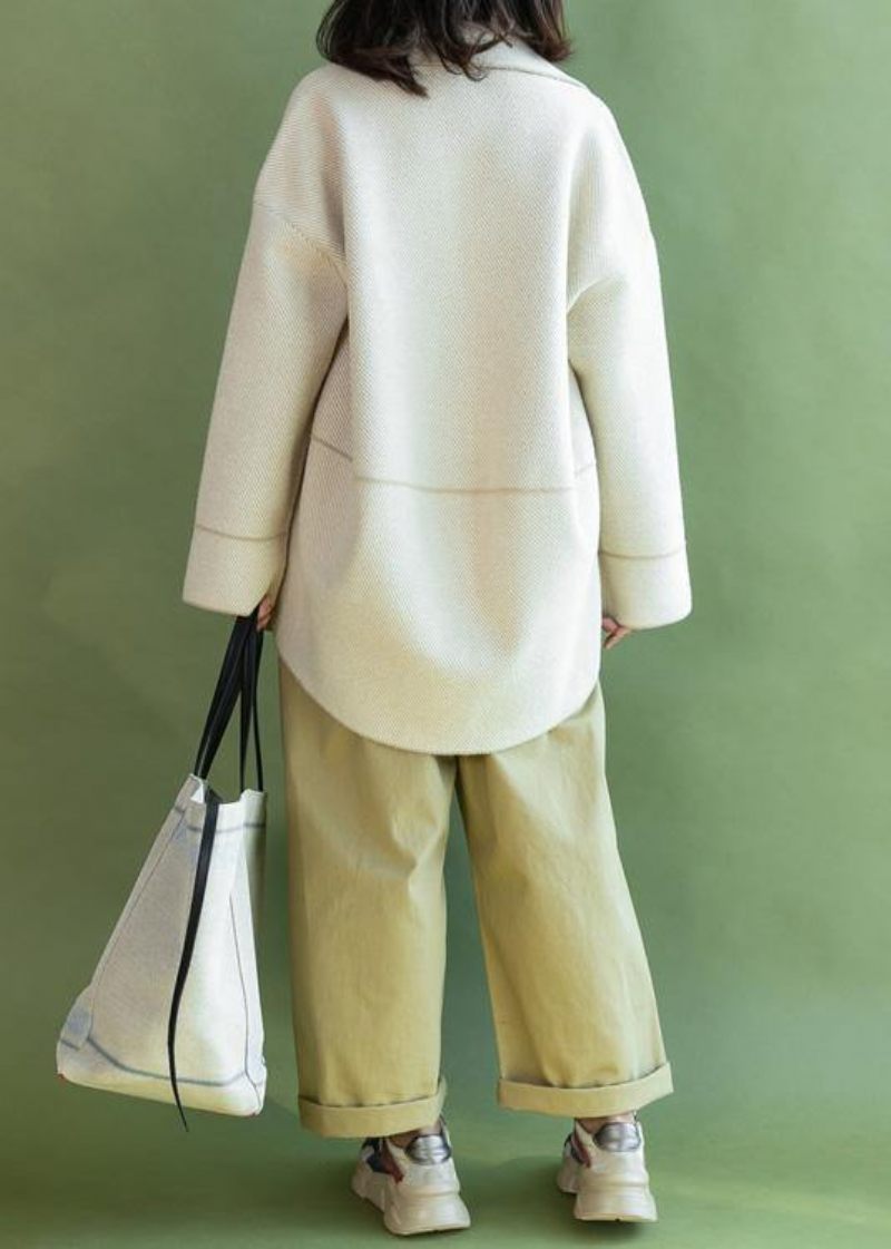 Mode Casual Mellemlange Frakker Vinter Outwear Beige Lommer Uld Jakker - Dame vinterfrakker