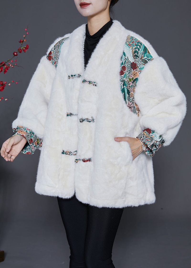 Mode Hvid Oversized Patchwork Kinesisk Knap Imiteret Pelsjakke Vinter - Dame vinterfrakker