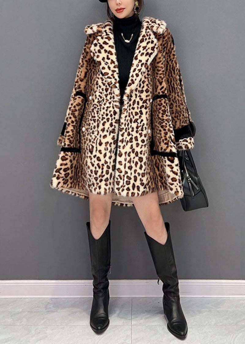 Mode Light Chokolade Notched Leopard Fuzzy Fur Fluffy Loose Coat Vinter