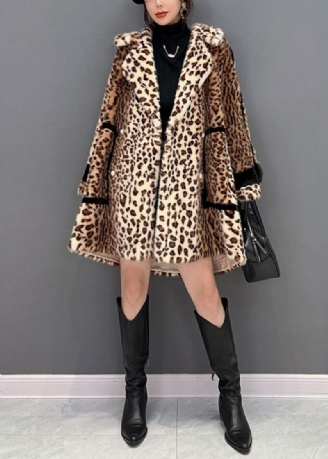 Mode Light Chokolade Notched Leopard Fuzzy Fur Fluffy Loose Coat Vinter