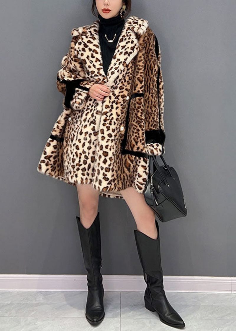 Mode Light Chokolade Notched Leopard Fuzzy Fur Fluffy Loose Coat Vinter - Dame vinterfrakker