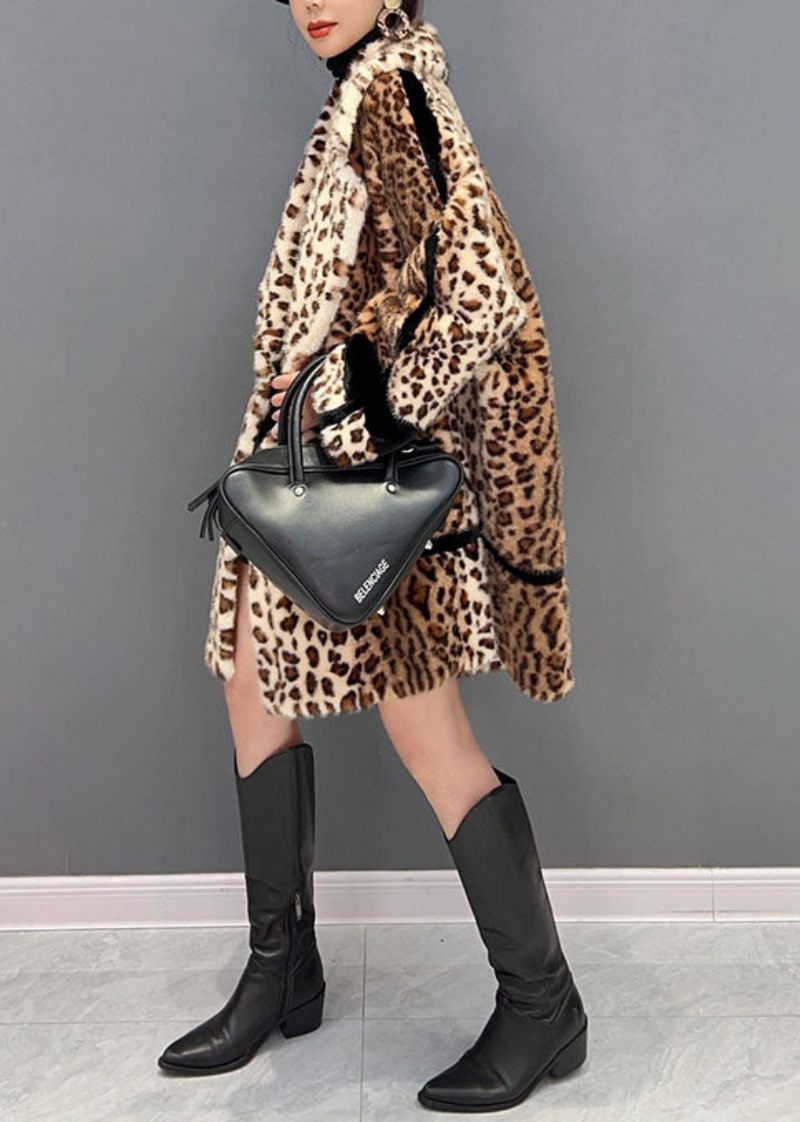 Mode Light Chokolade Notched Leopard Fuzzy Fur Fluffy Loose Coat Vinter - Dame vinterfrakker