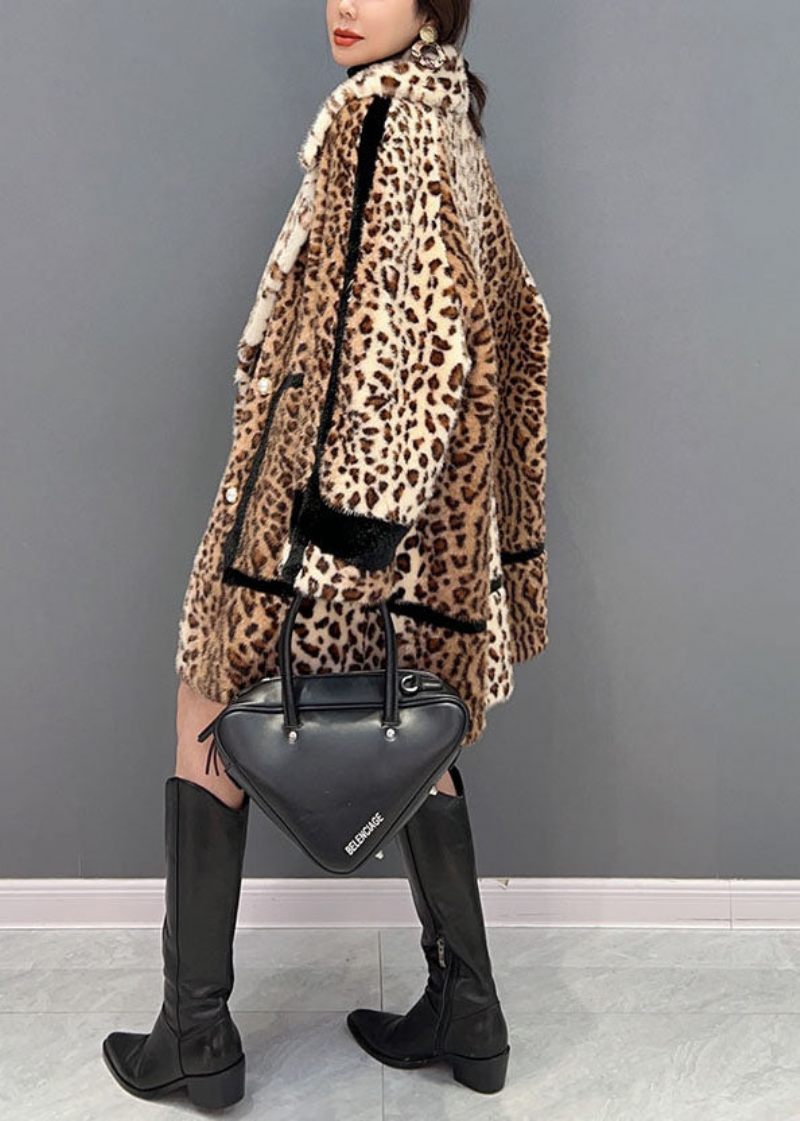 Mode Light Chokolade Notched Leopard Fuzzy Fur Fluffy Loose Coat Vinter - Dame vinterfrakker