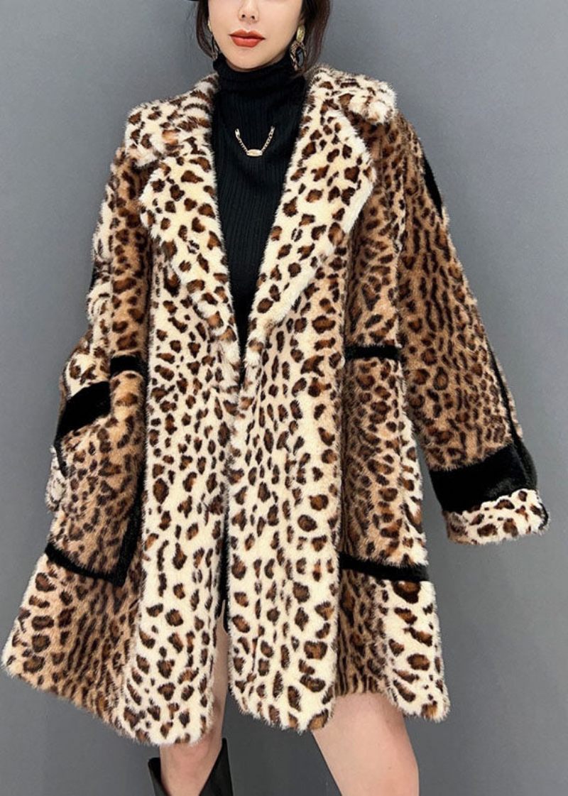 Mode Light Chokolade Notched Leopard Fuzzy Fur Fluffy Loose Coat Vinter - Dame vinterfrakker