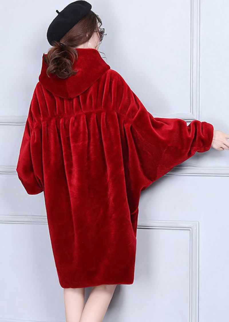 Mode Rød Oversized Rynket Cashmere Jakker Batwing Sleeve - Dame vinterfrakker