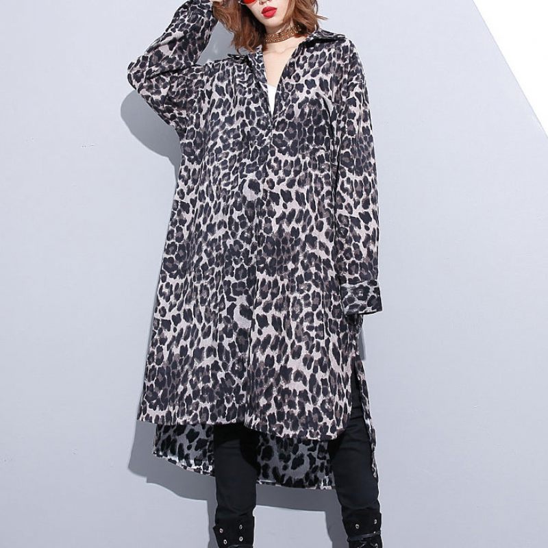 Mode Sort Leopard Plus Size Frakke Turn-down Krave Baggy