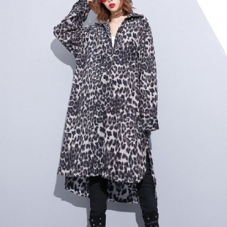 Mode Sort Leopard Plus Size Frakke Turn-down Krave Baggy