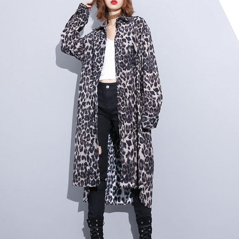 Mode Sort Leopard Plus Size Frakke Turn-down Krave Baggy - Chokolade Leopard