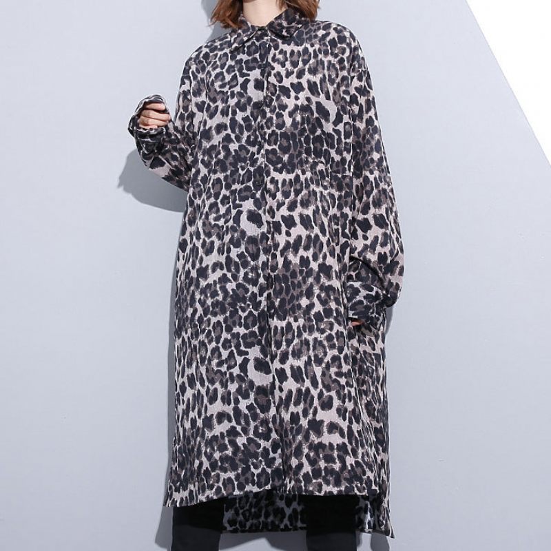 Mode Sort Leopard Plus Size Frakke Turn-down Krave Baggy - Chokolade Leopard